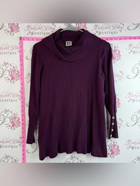 Anne Klein Plum Cowl Neck Sweater Tunic with Gold Button Cuffs